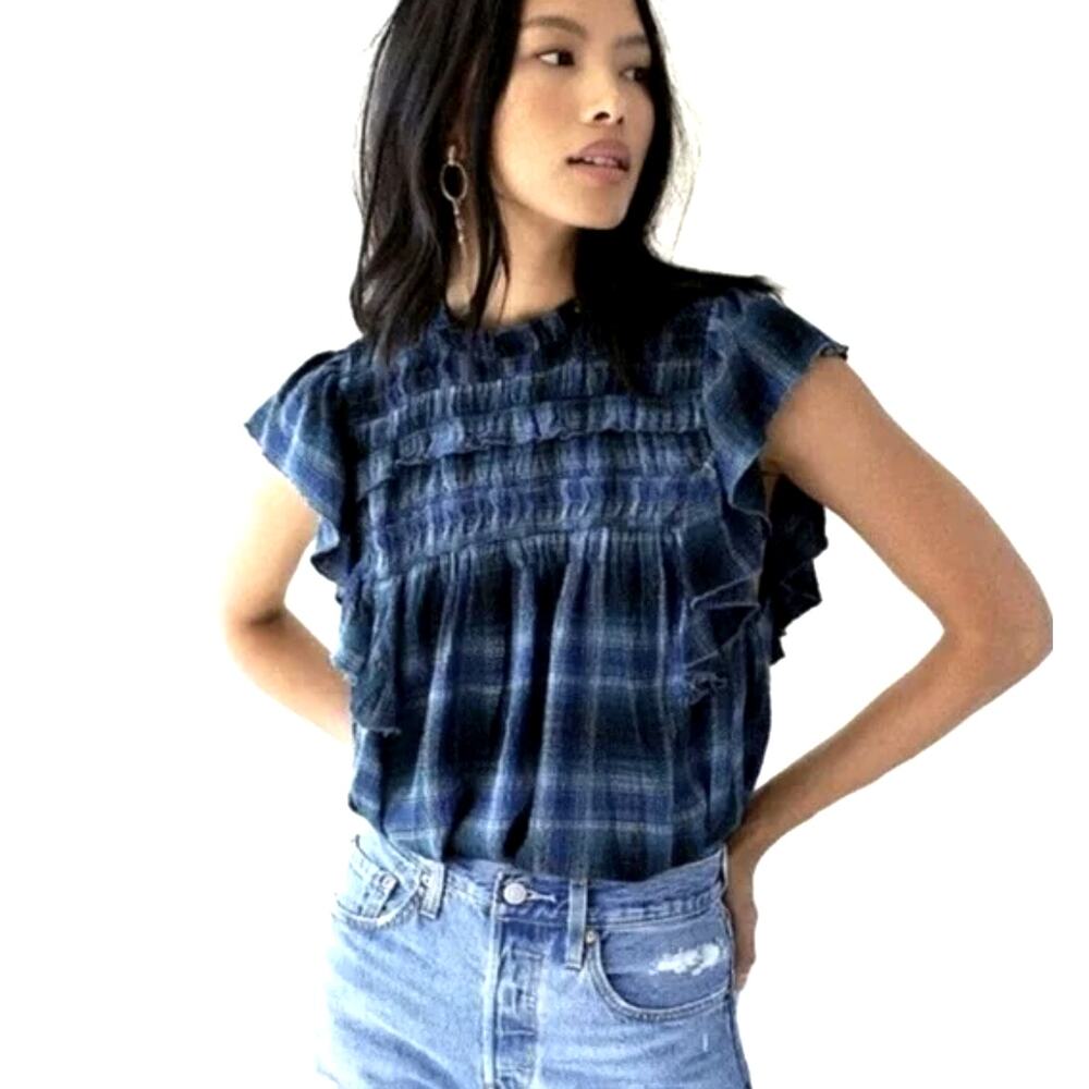 NWT Free People Not Your Average Girl Navy Ruffle Shoulder Top Small